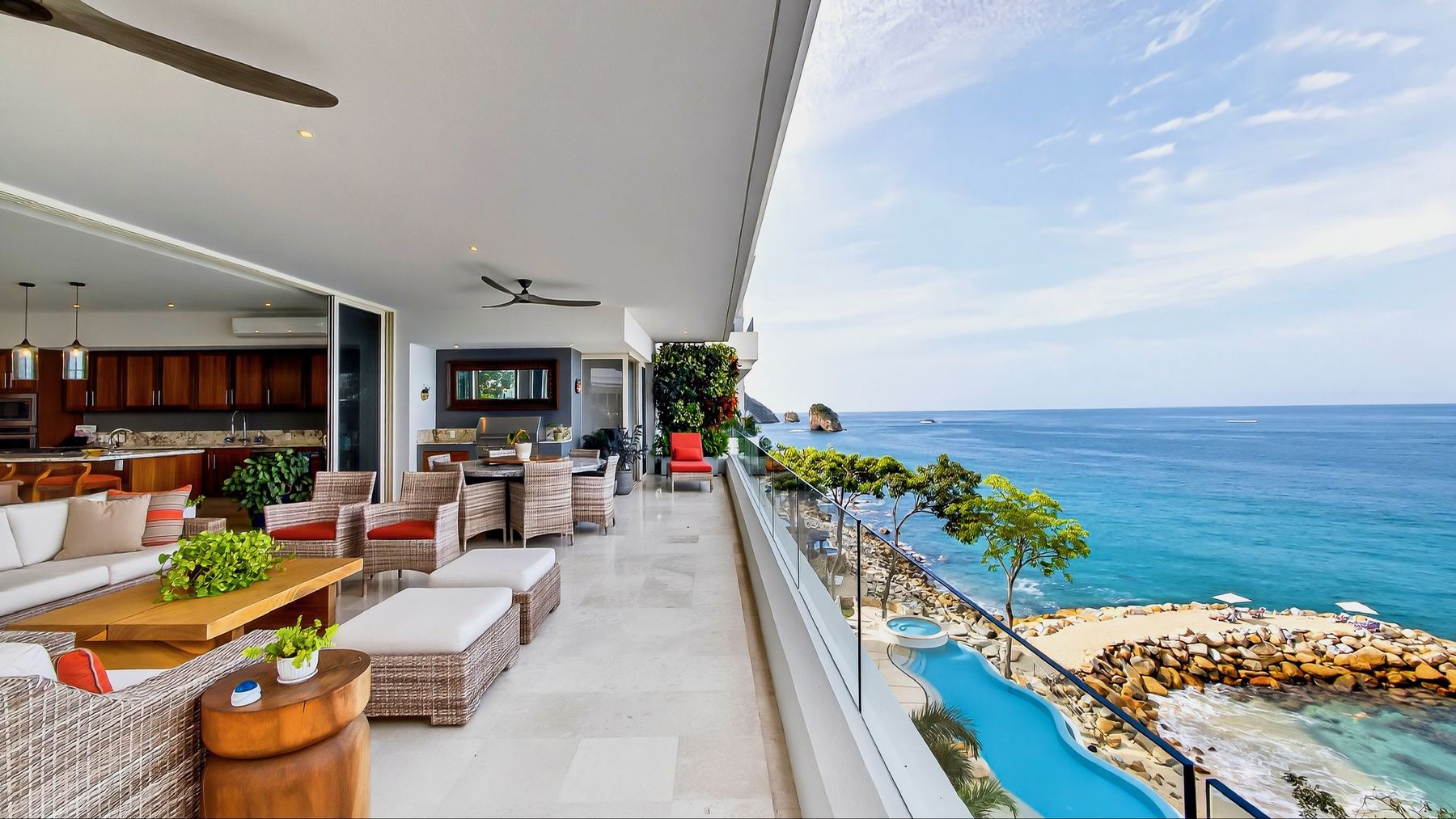Covered terrace at El Nido De Bonnie Tres looking over the cove, pool and Los Arcos
